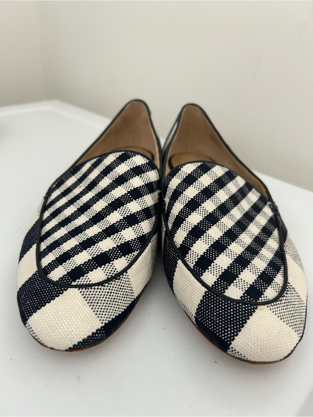 Talbots Ryan Gingham Loafers in Canvas Plaid Navy Blue Cream Size 9.5 M - Picture 2 of 15